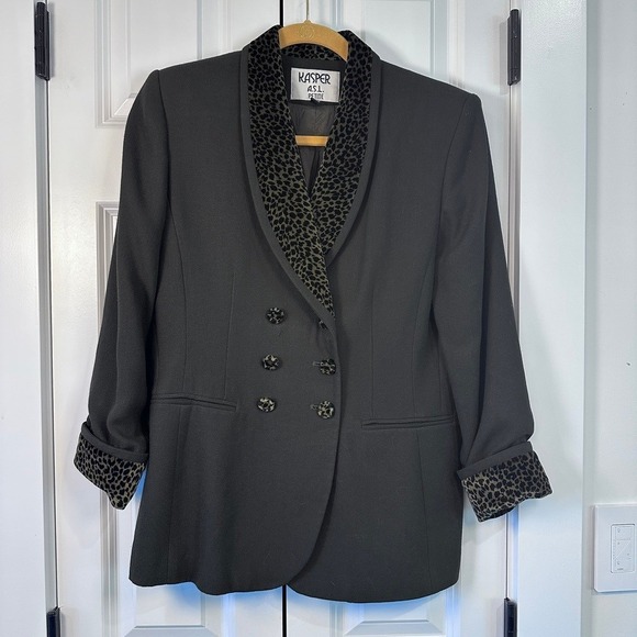 Kasper ASL Petite Black Leopard Trim Double Breasted Blazer Pants Suit Set 6P - Picture 2 of 13